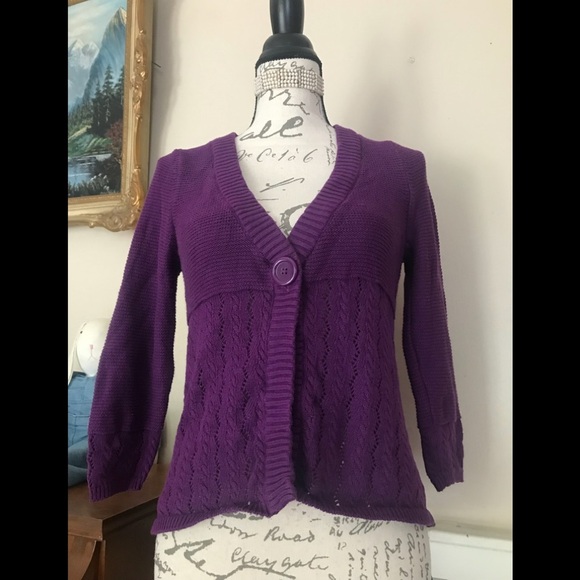 Liz & Co Purple Eyelet Ribbed Cardigan Sweater S - Picture 2 of 5